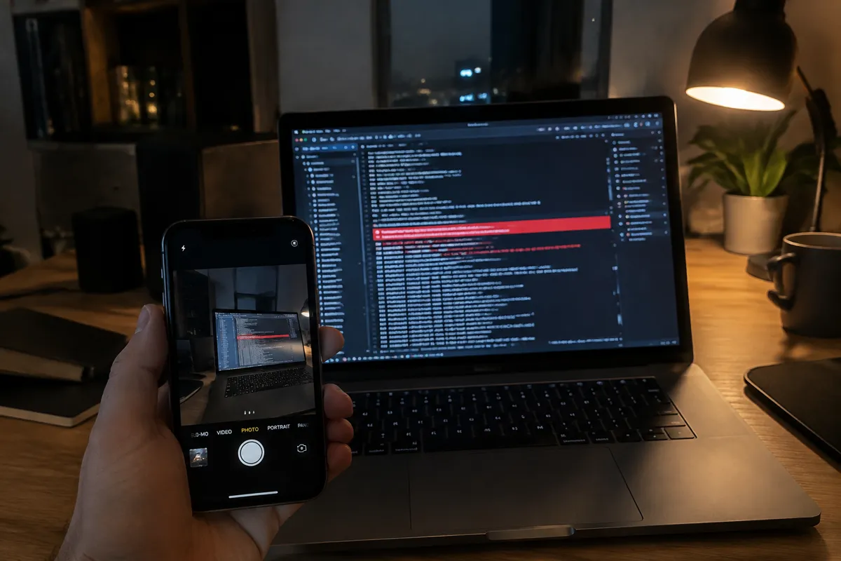 a hand holding an iPhone up to a laptop in a dim techy home office at night, the laptop showing a server terminal with scrolling log lines a