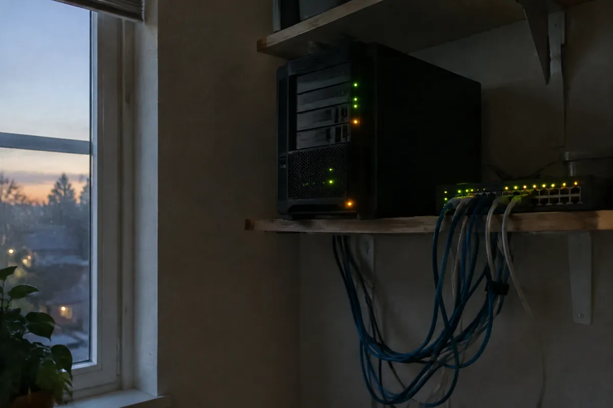a small home server tower on a shelf with blinking green and amber LEDs, a tangle of ethernet cables hanging below it, dim evening light fro