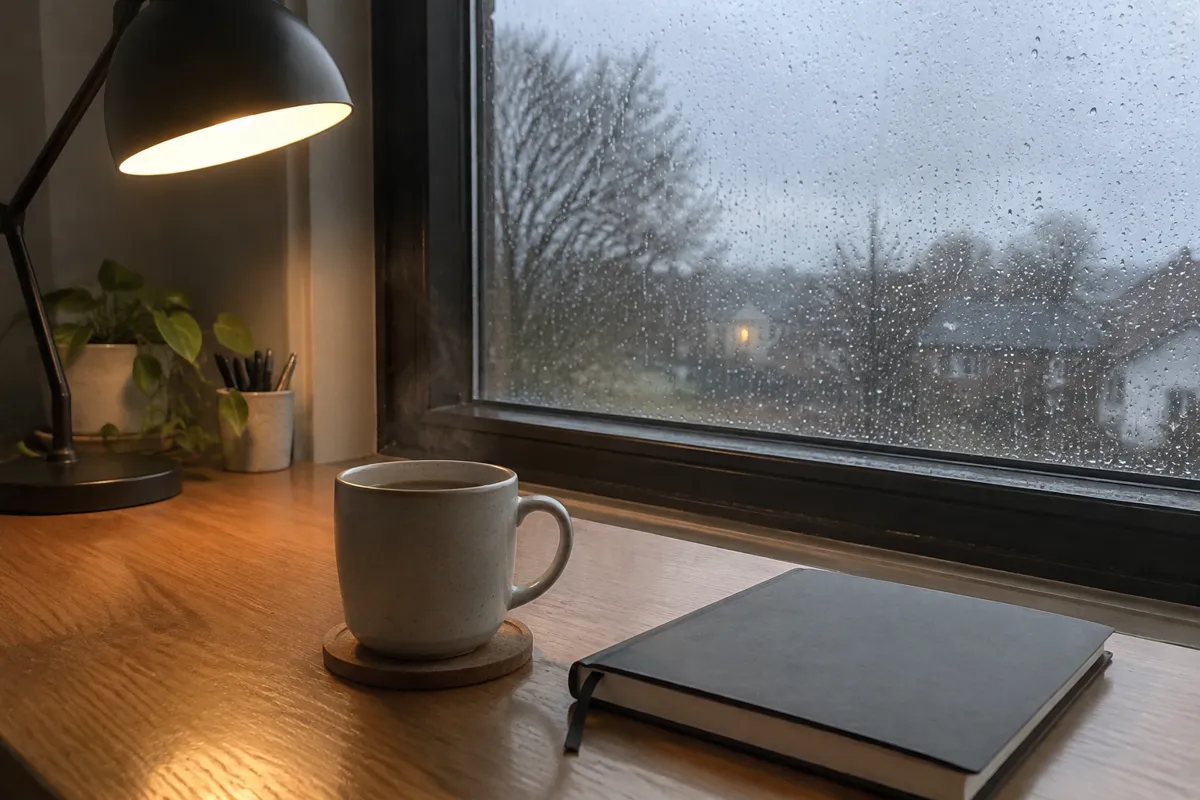 a rainy window beside a desk lamp, a steaming mug and a closed notebook on a wooden desk, grey daylight and soft reflections on the glass