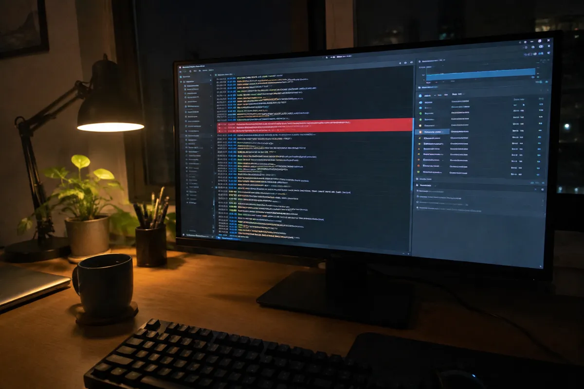 a phone held up photographing a dim monitor in a techy home office at night, showing a server terminal with scrolling log lines and a red er