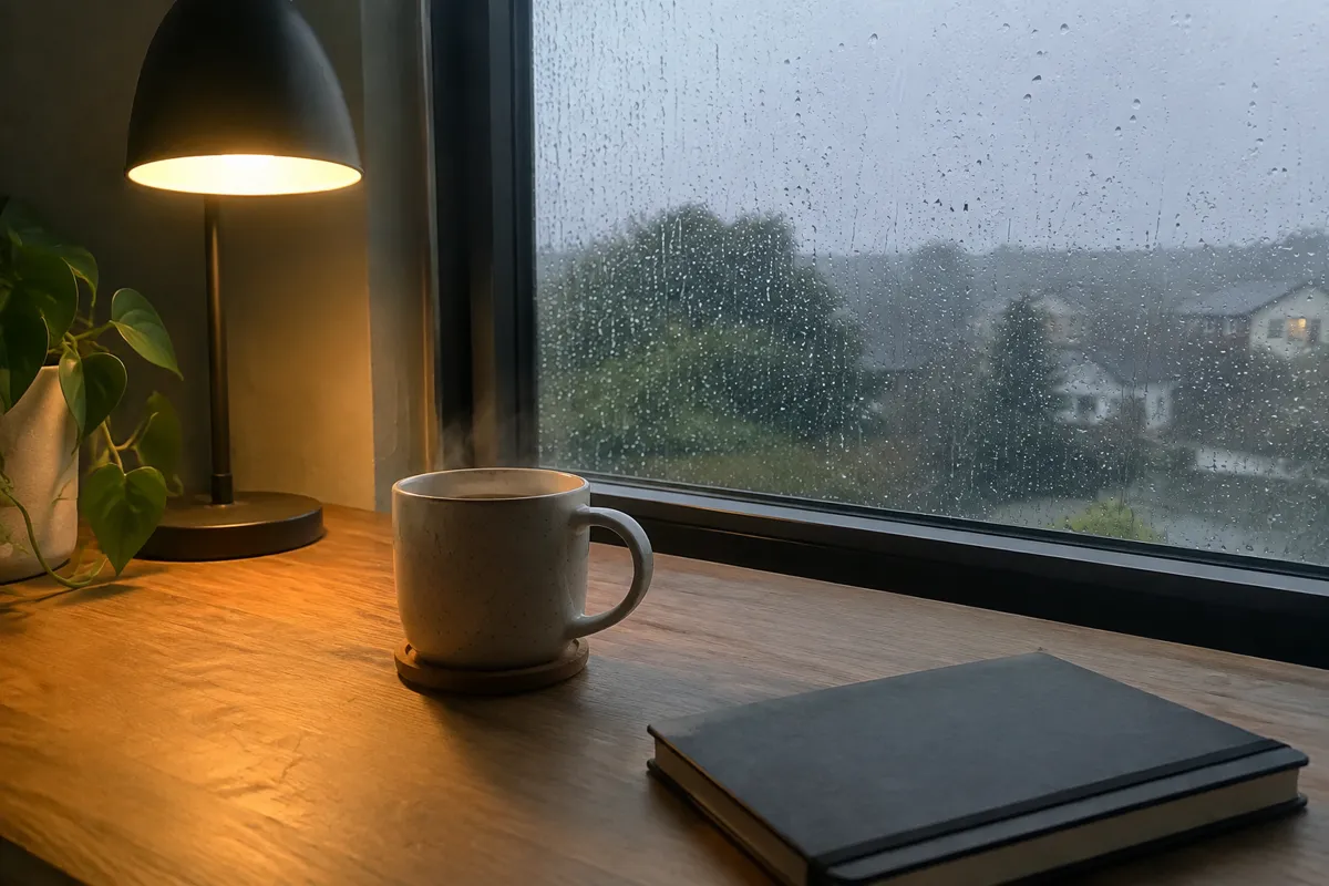 a rainy window beside a desk lamp, a steaming mug and a closed notebook on a wooden desk, grey drizzle outside