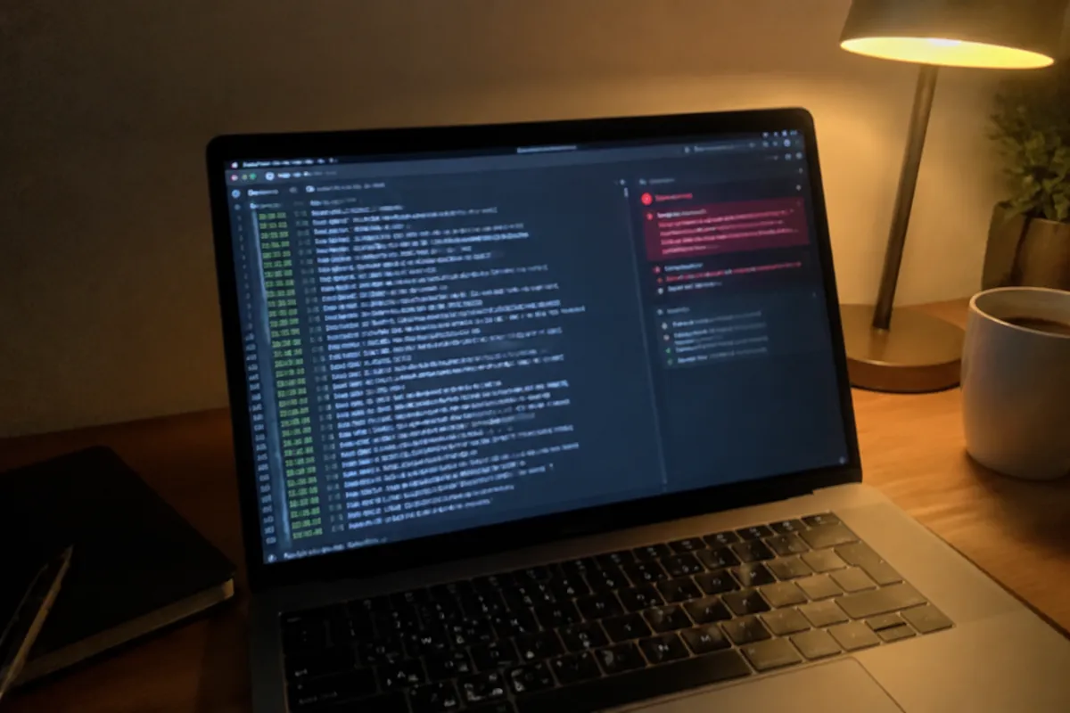 a phone held up photographing a laptop at night showing a server terminal with scrolling log lines and a red error status panel, desk lamp g