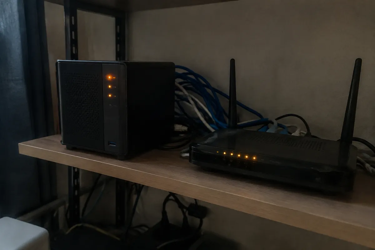 a small home server with a few blinking amber LEDs sitting on a shelf beside a tangled bundle of ethernet cables and a router in a dim room