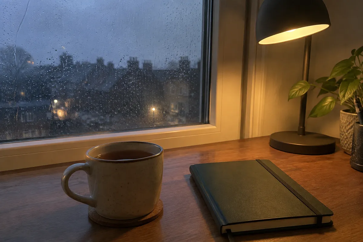 a rainy window beside a desk lamp, a mug of tea and a closed notebook on a wooden desk in the evening