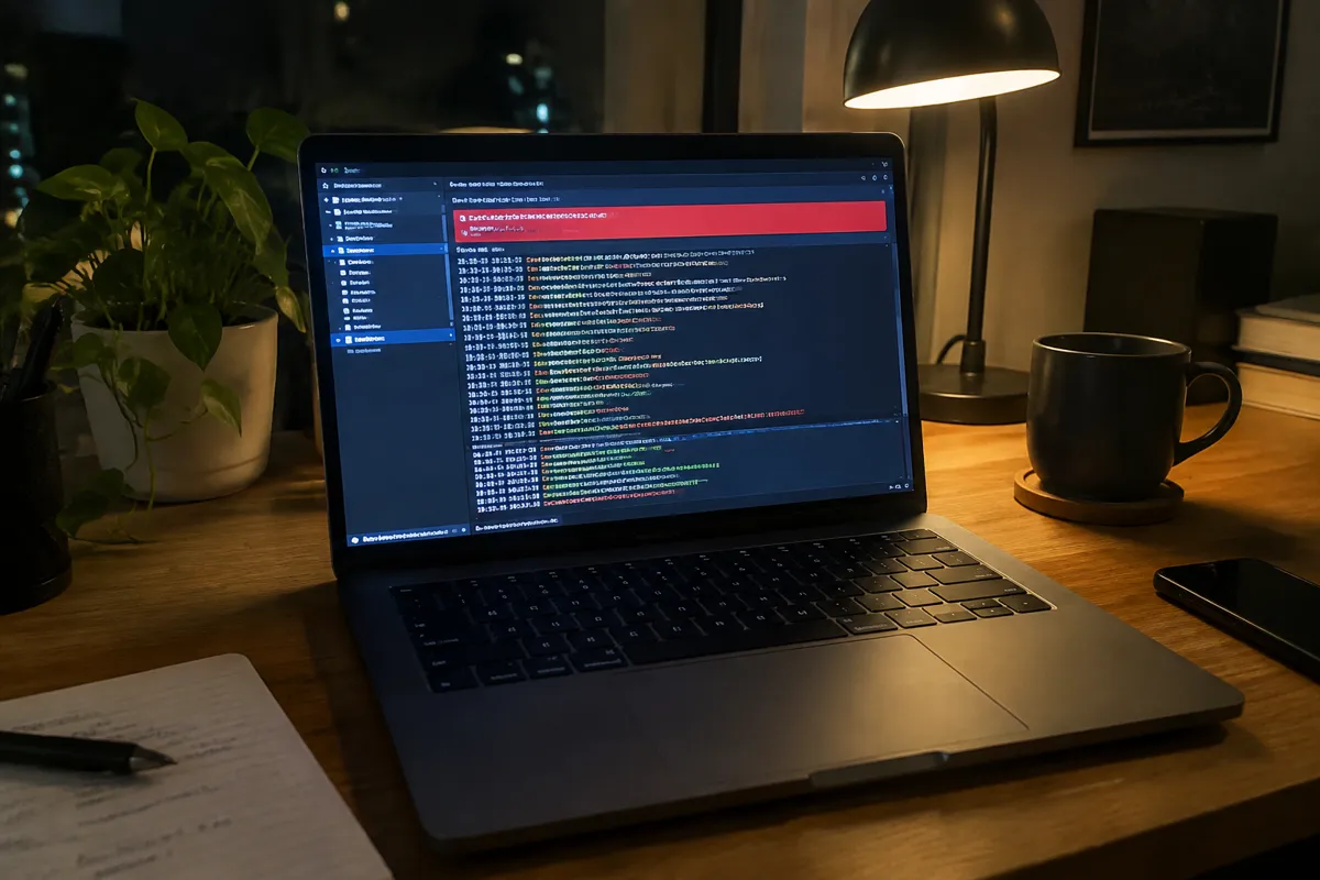 a hand holding a phone photographing a laptop at night in a techy home office, the screen showing a server terminal with scrolling log lines