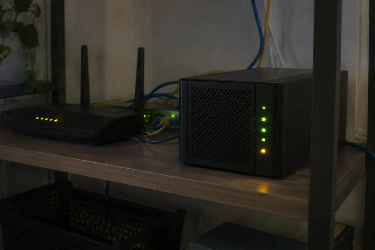 a small home server box with blinking green and amber LEDs on a shelf beside a router and a tangle of ethernet cables, dim evening light