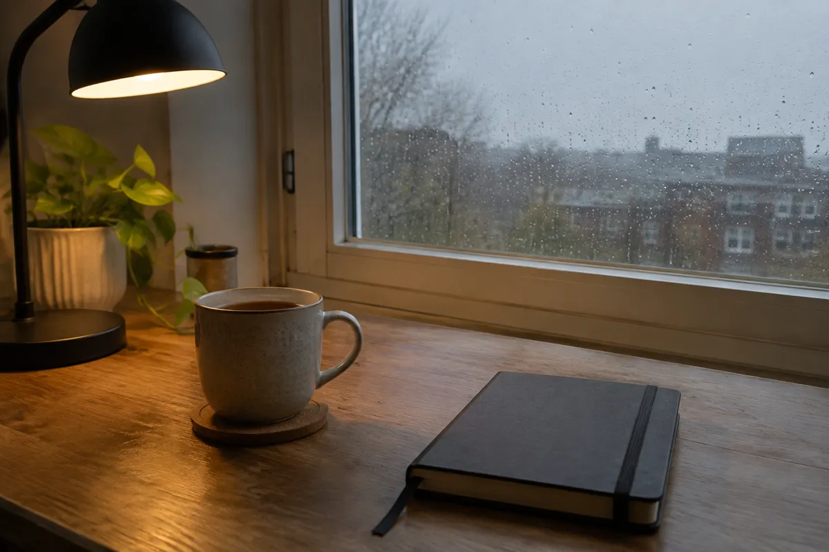 a rainy window beside a desk lamp, a mug of tea and a closed notebook on a wooden desk, grey afternoon light