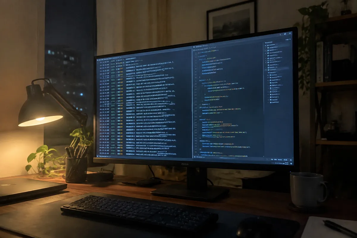 a phone held up photographing a dark terminal window on a monitor at night, rows of server log lines and a config file open in a split pane,