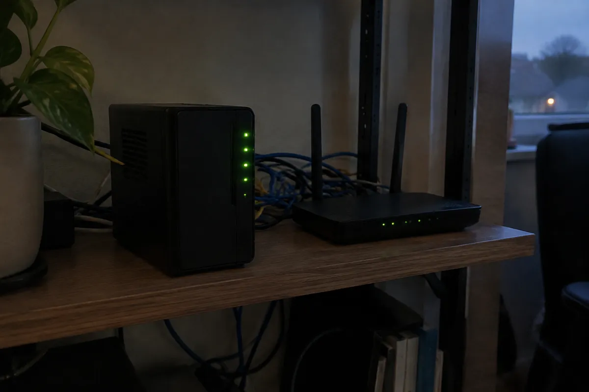 a small black mini home server with blinking green LEDs on a shelf beside a router and a few tangled ethernet cables, dim evening light in a