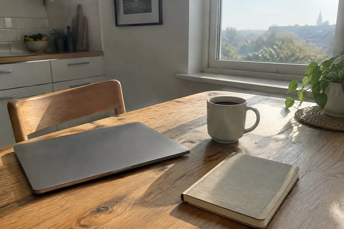 a sunlit kitchen table with a closed laptop, a mug of coffee and a plain notebook, morning light through the window