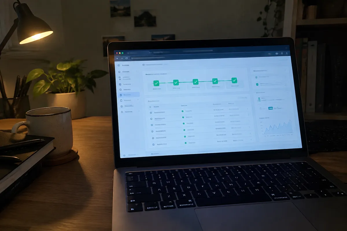 a hand holding a phone photographing a laptop at night showing a cloud console with a deployment pipeline of green status blocks and a small
