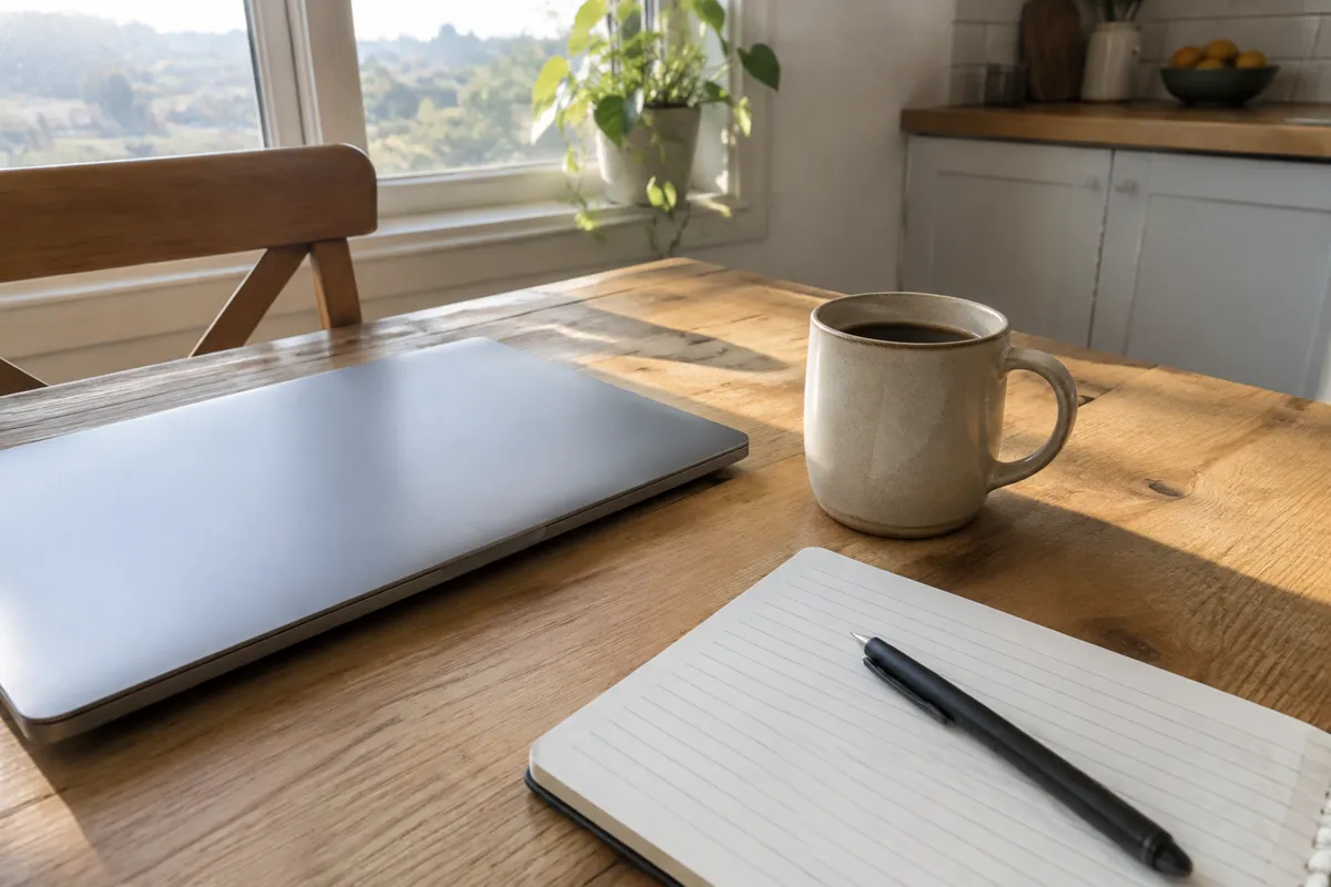a sunlit kitchen table with a closed laptop, a ceramic mug of coffee and a lined notebook with a pen, soft morning light