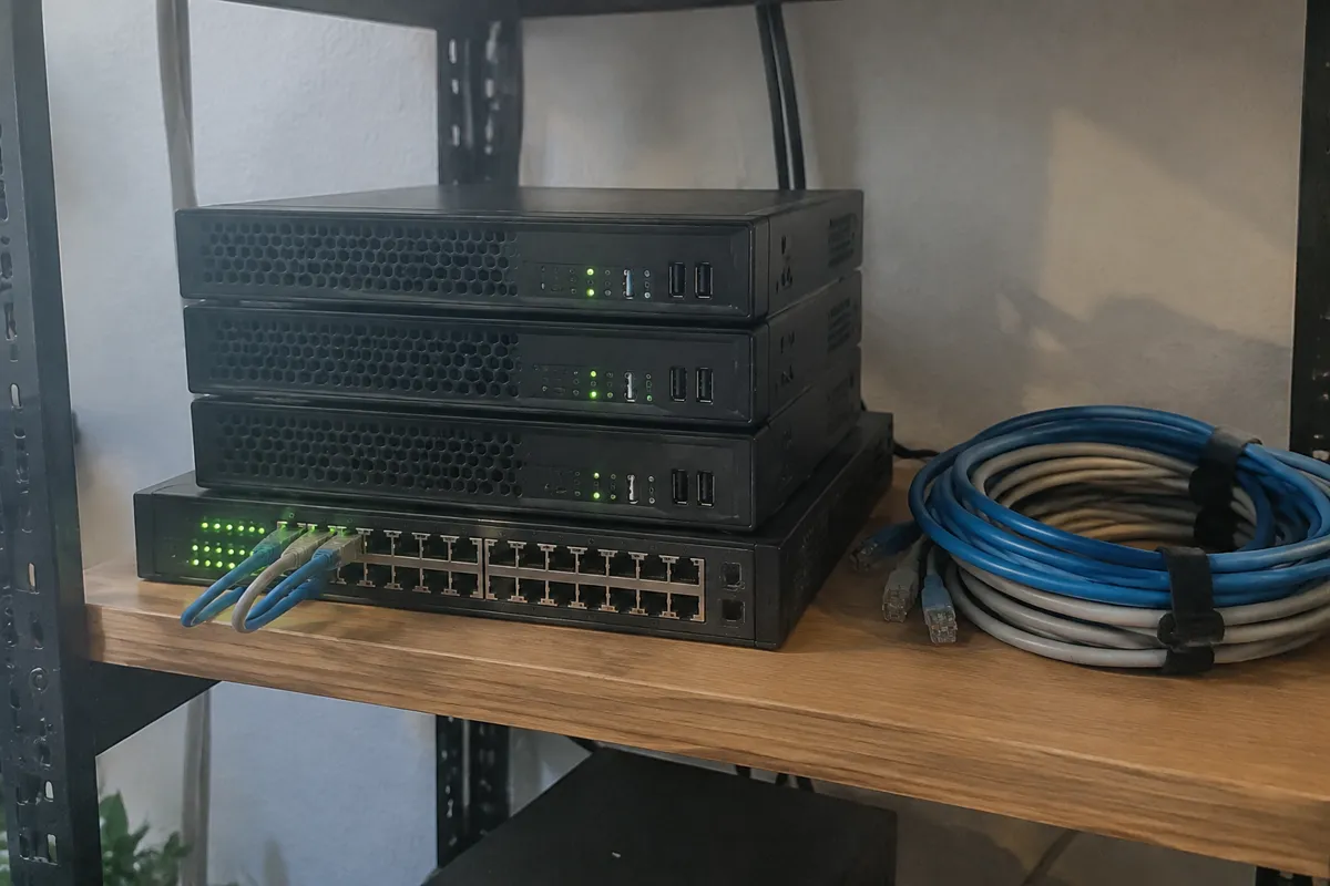 a small stack of mini servers and a switch with blinking green LEDs on a shelf, neat bundle of ethernet cables beside them