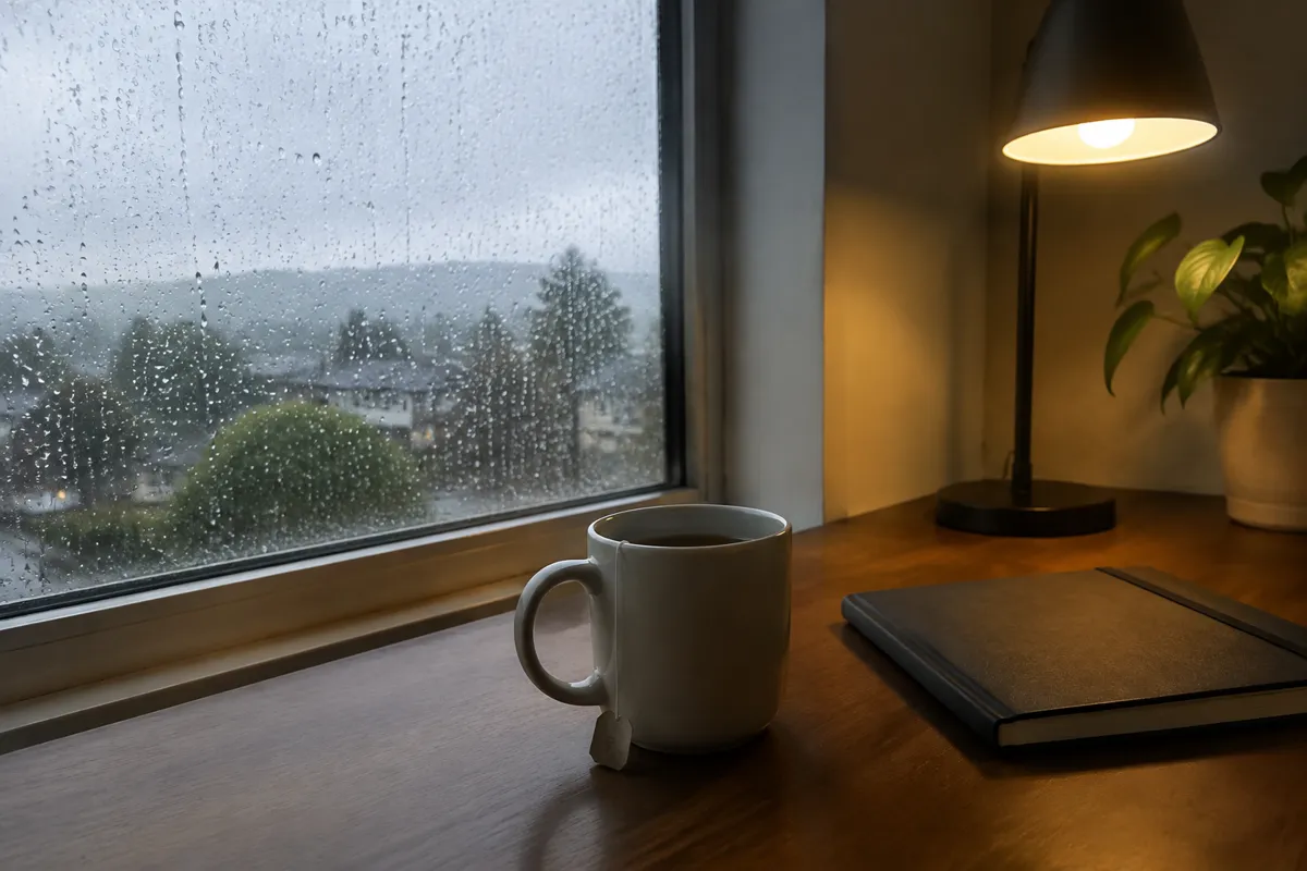 a rainy window beside a desk lamp with a mug of tea and a closed notebook
