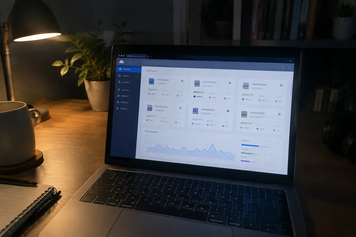 a hand holding a phone photographing a laptop at night showing a cloud console with a grid of server instance cards and a small usage graph,
