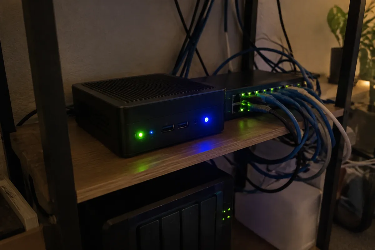 a small mini PC home server with blinking green and blue LEDs on a shelf beside a tangle of ethernet cables and a switch, dim evening room l