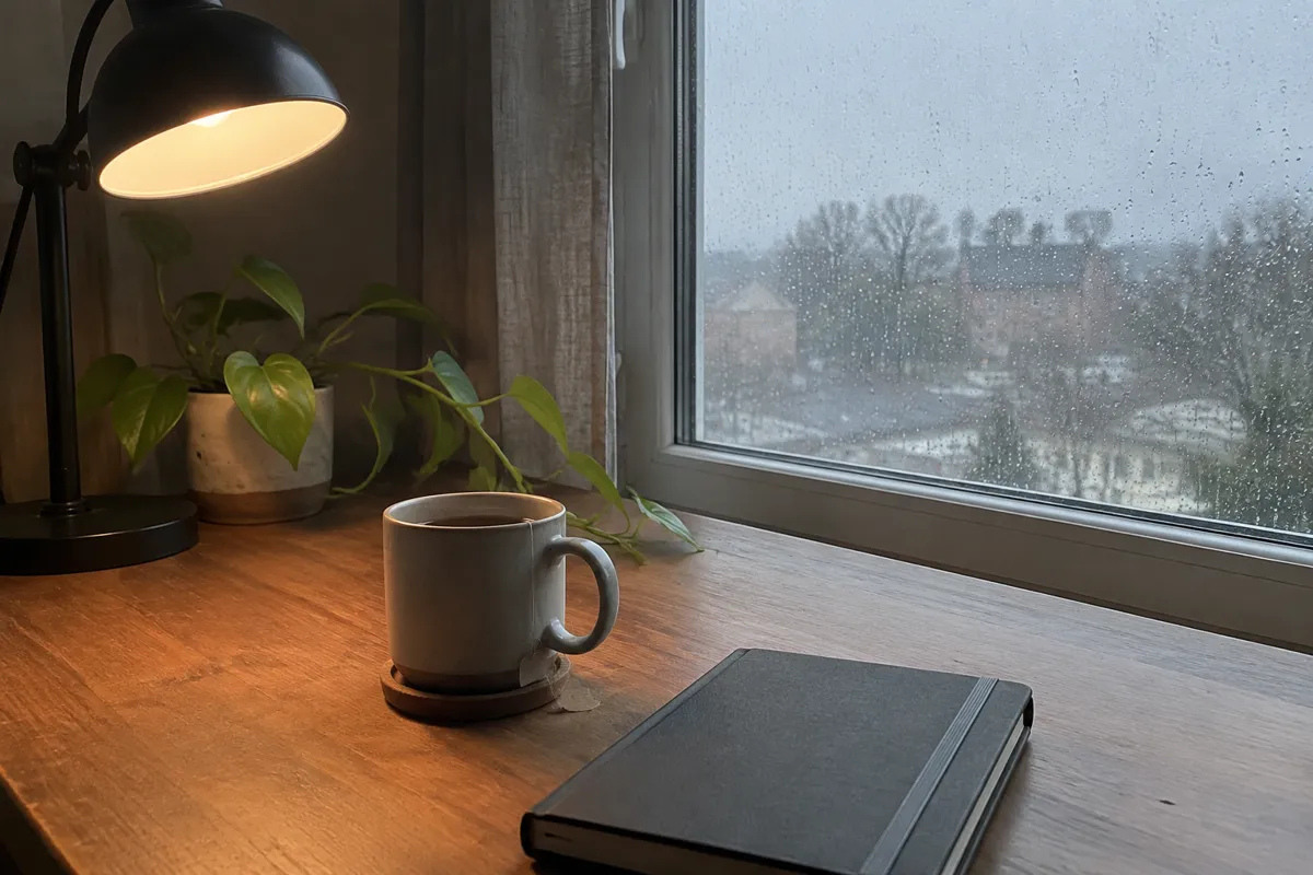 a rainy window beside a desk lamp with a mug of tea and a closed notebook on a wooden desk, grey soft daylight