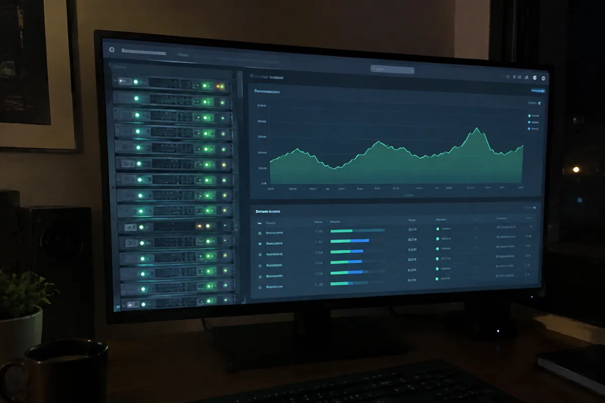 a phone held up toward a monitor on a dim desk showing a server console with rows of rack status lights and a power usage graph, techy home 