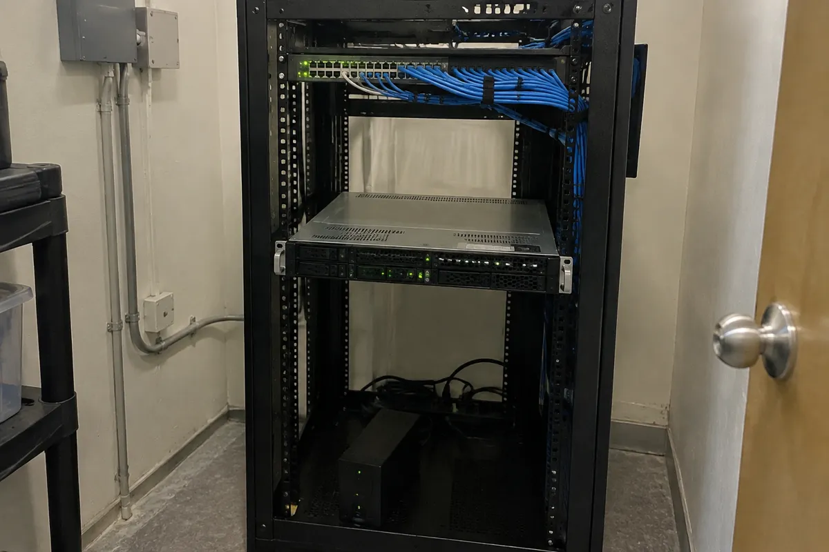 a small open server rack in a cramped utility room with a few blinking green LEDs, neat patch cables and a humming 1U server
