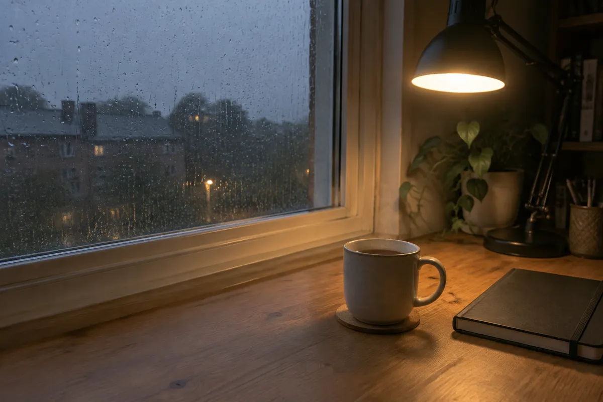 a rainy window beside a desk lamp with a steaming mug and a closed notebook on a wooden desk in the evening