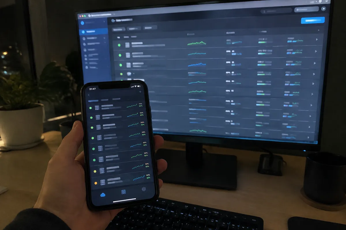 a hand holding an iPhone up to a monitor in a techy home office at night, the monitor showing a VPS and dedicated server cloud console with 