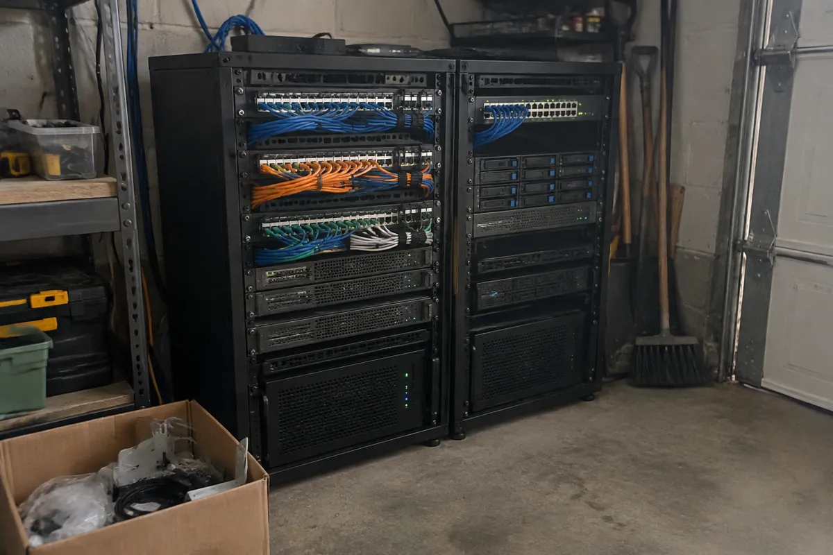 a compact two-unit server rack in a cluttered garage corner, neat bundles of patch cables and rows of blinking LEDs, a cardboard box of spar