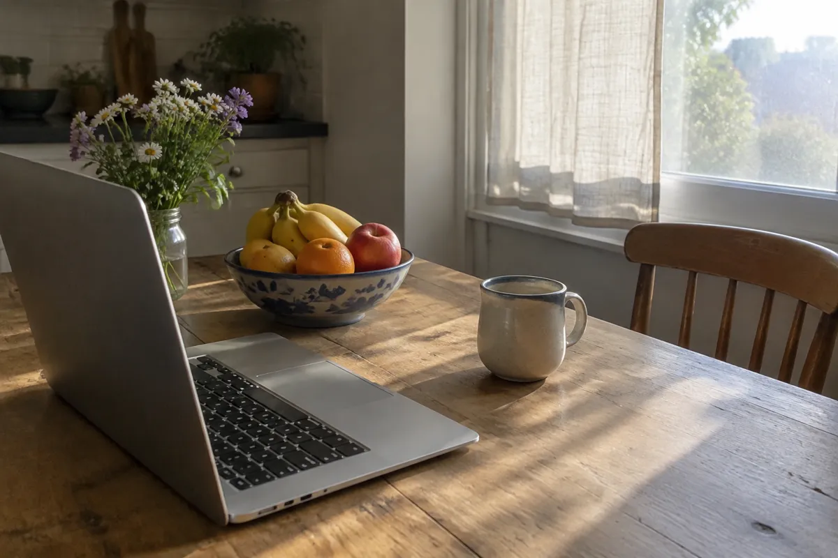 a sunlit kitchen table with an open laptop, a bowl of fruit and a ceramic mug, morning light through a half-drawn curtain