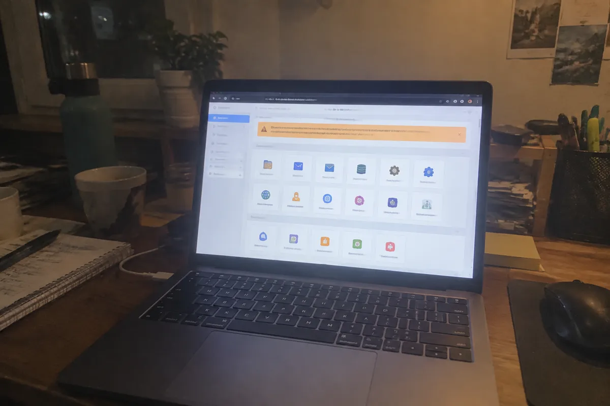 a phone held up photographing a laptop at a cluttered night desk, the screen showing a hosting control panel grid of icons with an orange wa