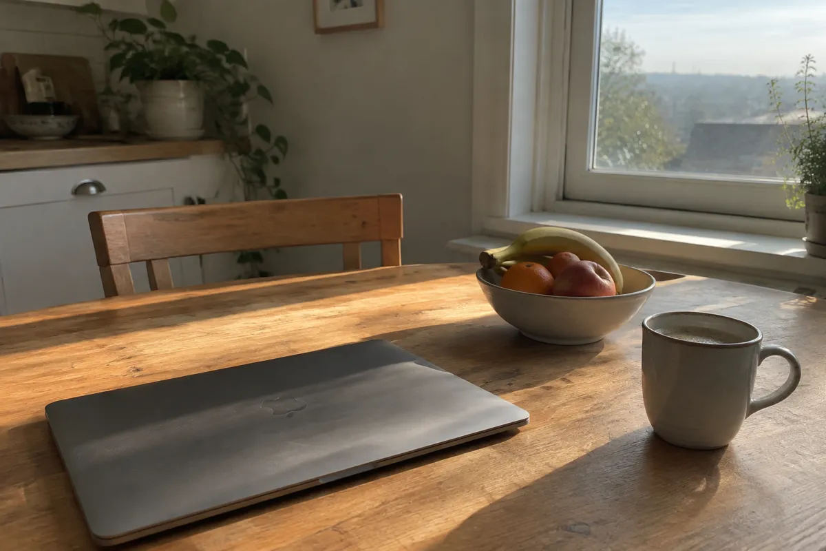 a sunlit kitchen table with a closed laptop, a bowl of fruit and a coffee cup, morning light across the wood