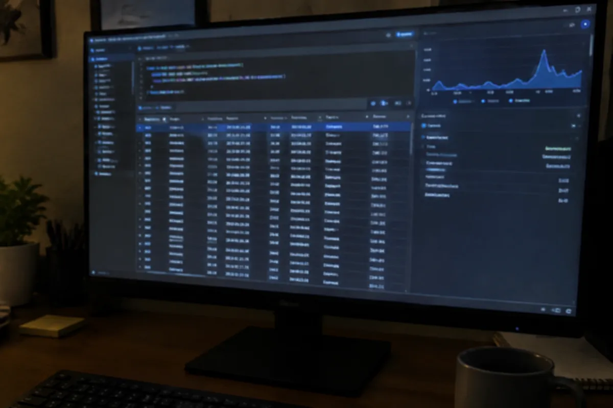 a phone held up photographing a monitor in a dim home office showing a database console with a table of query rows and a small performance g