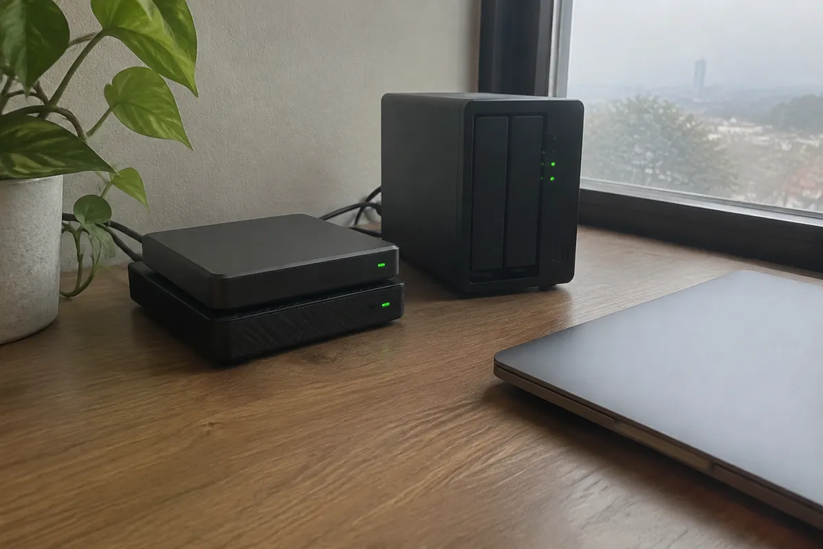 a stack of two external hard drives and a small network storage box with green LEDs on a desk next to a closed laptop
