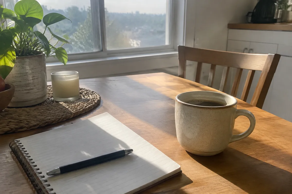 a sunlit kitchen table with a notebook, a pen and a cup of coffee, morning light through a window