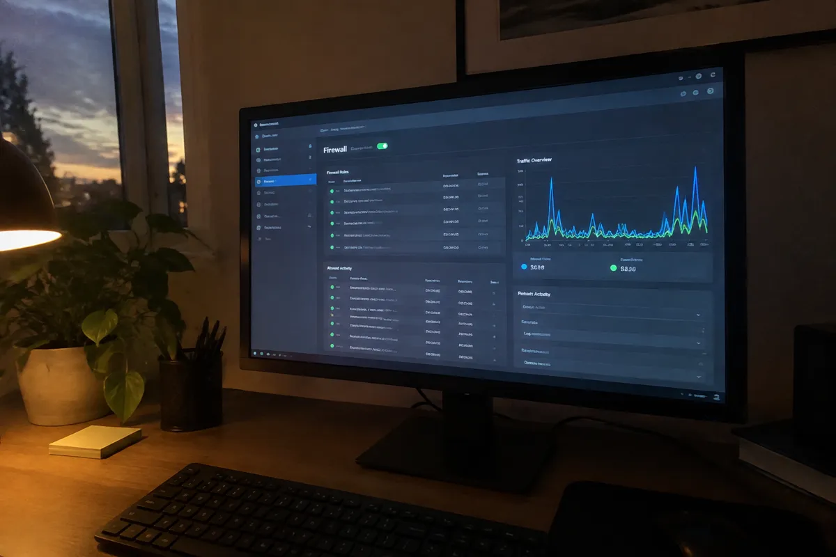 a hand holding a phone photographing a monitor in a dim home office, the screen showing a firewall settings panel and a spiky traffic graph,