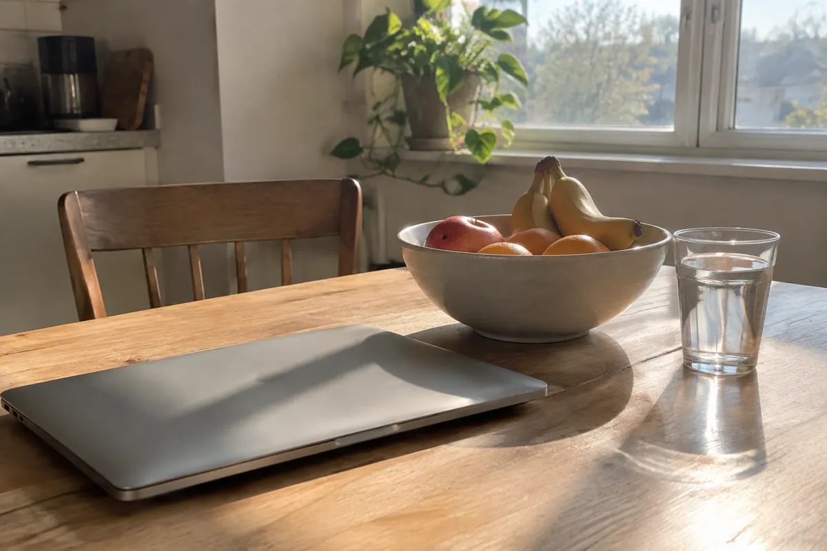 a sunlit kitchen table with a closed laptop, a bowl of fruit and a glass of water, bright morning light