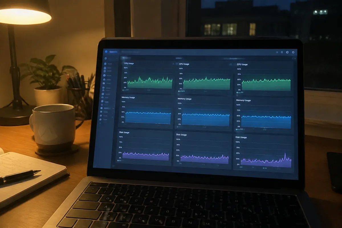 a phone held up photographing a laptop screen showing a server management console with a grid of CPU, memory and disk usage graphs, a home o