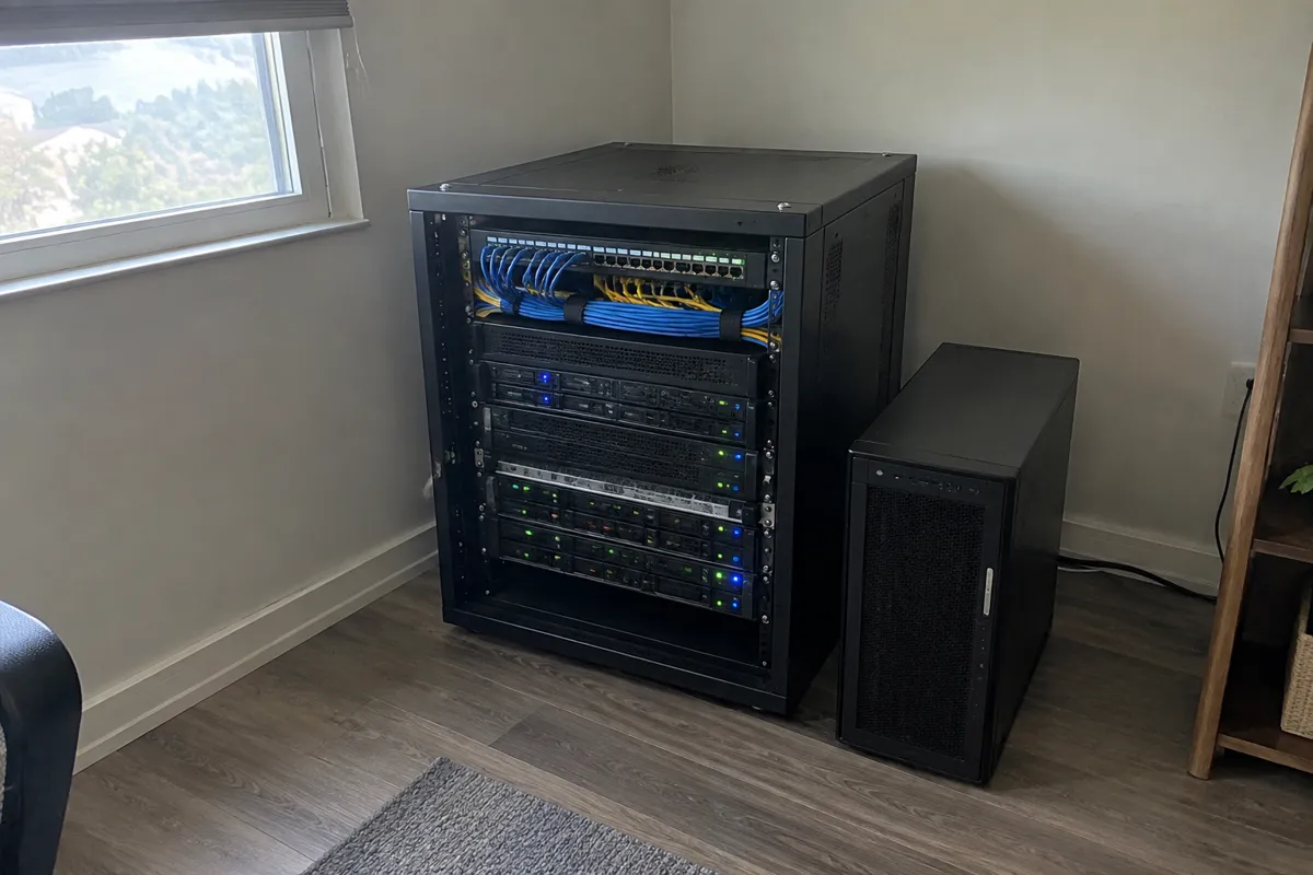 a compact two-unit server rack in a corner of a spare room with rows of blinking LEDs and neatly bundled cables, a tower case beside it