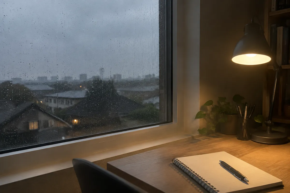 a rainy window beside a desk with a lit desk lamp, a notebook and a pen, grey evening light