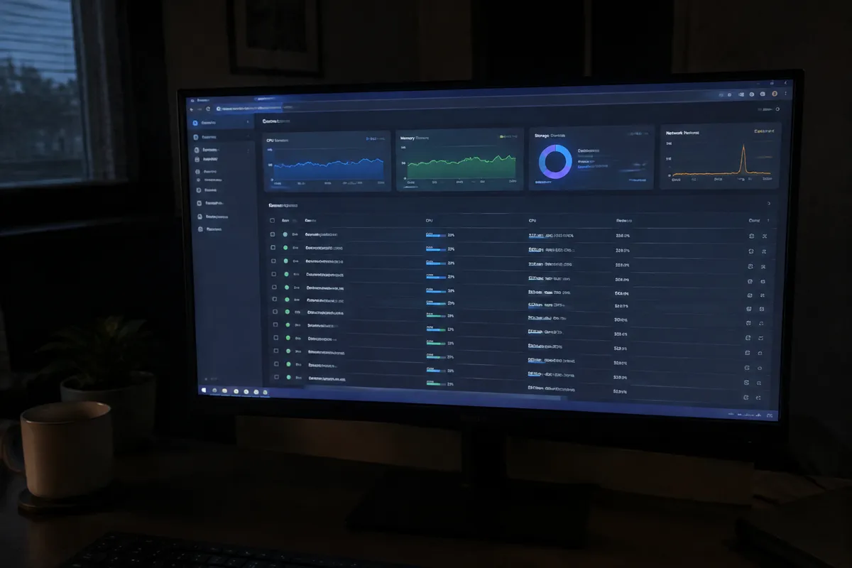 a hand holding a phone photographing a monitor showing a VPS cloud console with resource usage graphs and a list of server instances, a dark