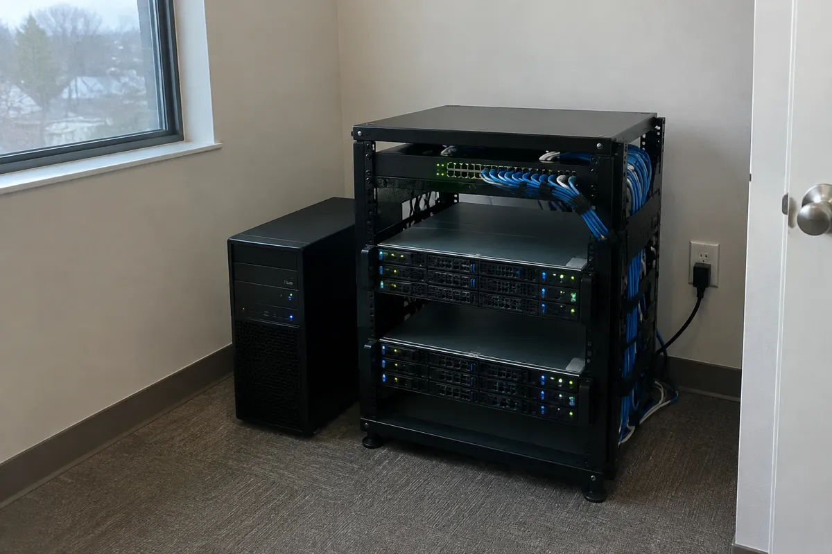a small two-unit server rack in a spare room corner with blinking LEDs and neatly bundled cables, a desktop tower server sitting on the floo