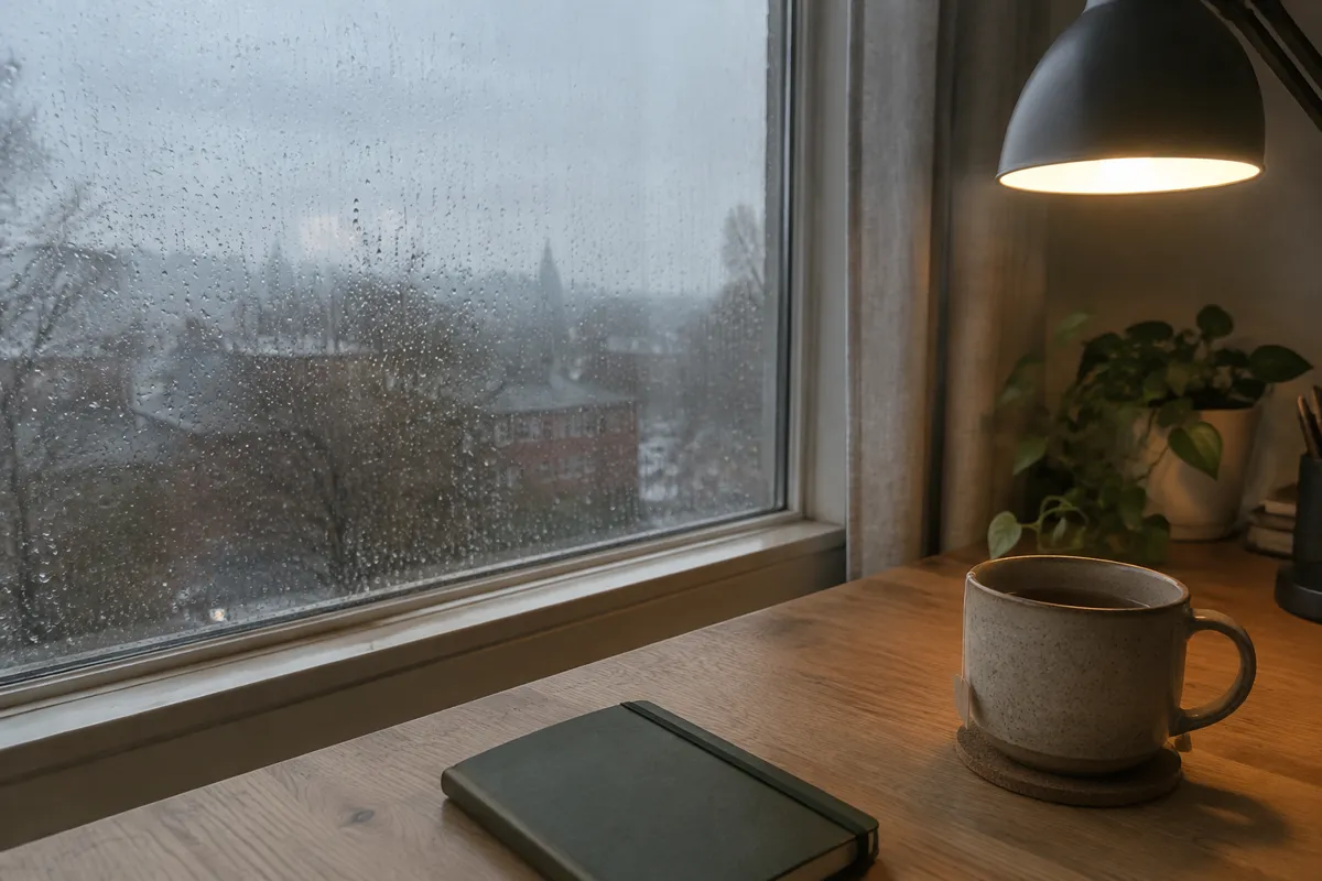 a rainy window beside a desk lamp with a notebook and a cup of tea on a wooden desk, grey afternoon light