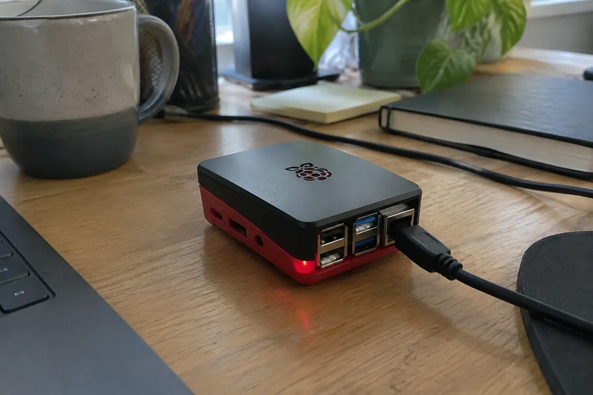 a Raspberry Pi style mini computer in a small case with a blinking LED and a USB cable on a cluttered desk