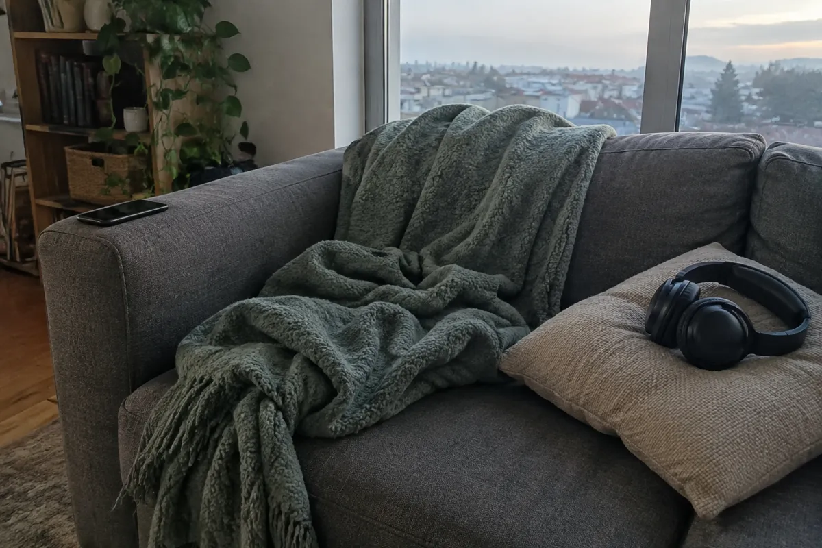 a sofa with a throw blanket, a phone resting on the armrest and a gaming headset on a cushion