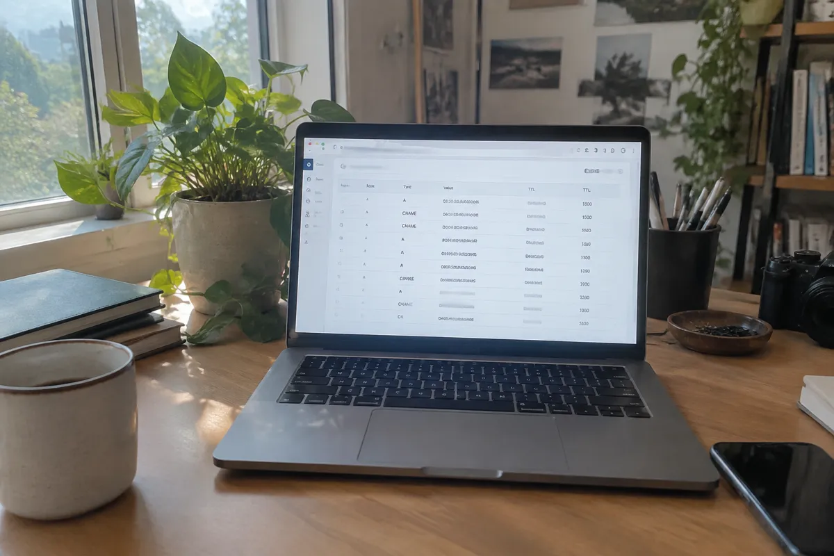 a hand holding a phone photographing a bright laptop screen showing a DNS records table with rows of A and CNAME entries in a tidy list, sun