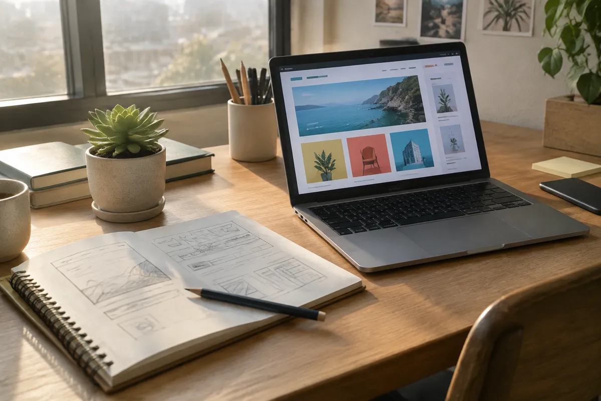a designer's desk with a laptop showing a colourful website layout, a notebook with pencil sketches and a small succulent in warm morning li