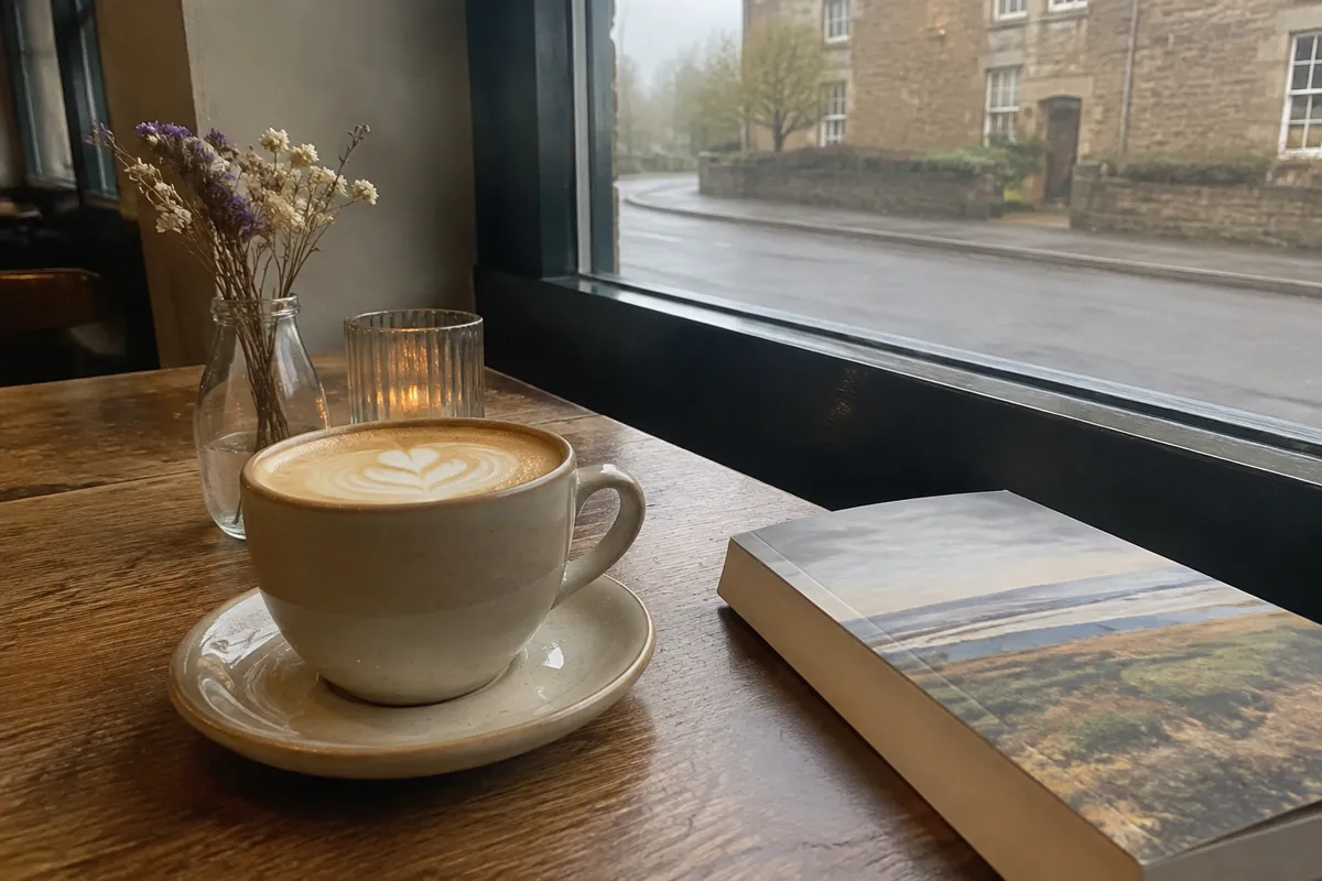 a cafe table by a window with a flat white in a ceramic cup and a paperback book, warm soft light