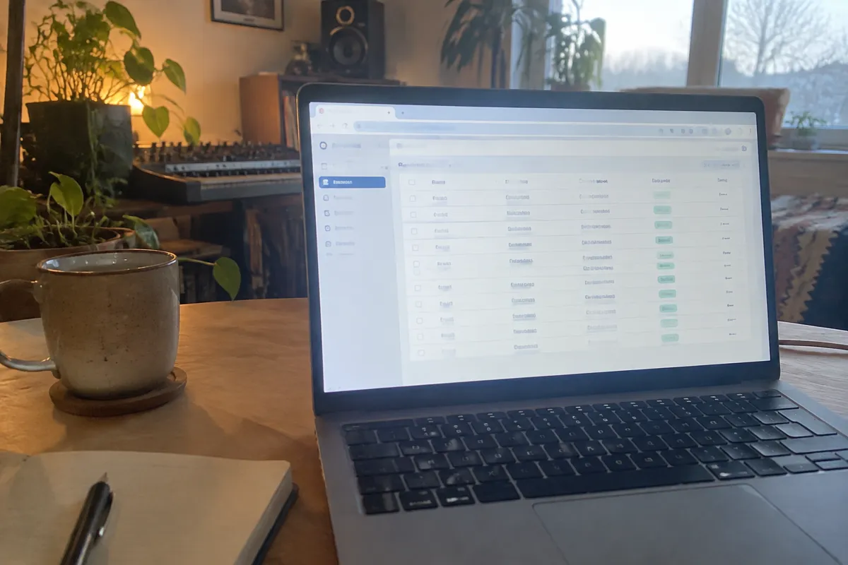 a phone held up toward a bright laptop showing a DNS records table with rows of alias entries in a managed domain panel, warm creative home 