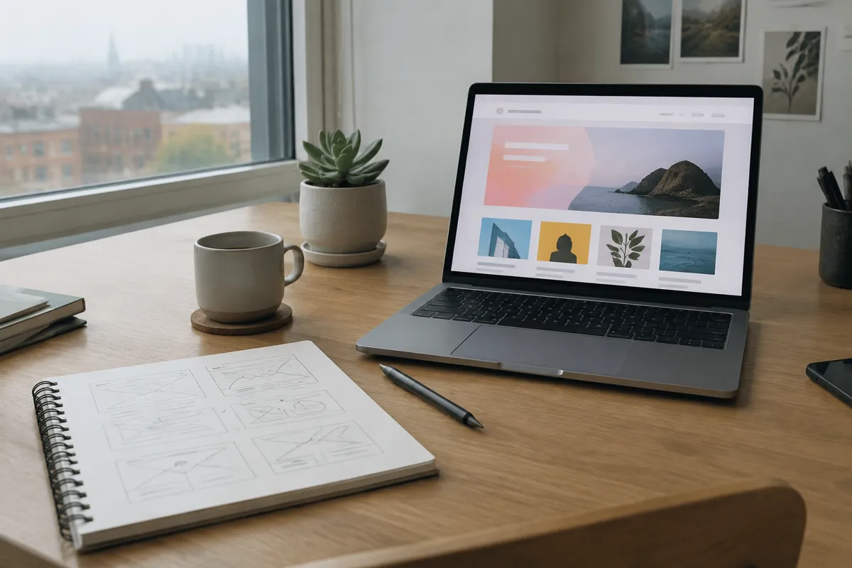a designer's tidy desk with a laptop showing a colourful website mockup, a small succulent and a sketchbook in soft daylight