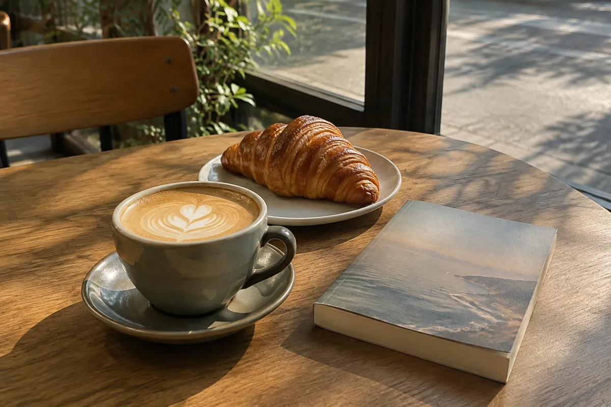 a sunlit cafe table with a flat white, a croissant on a small plate and a closed paperback