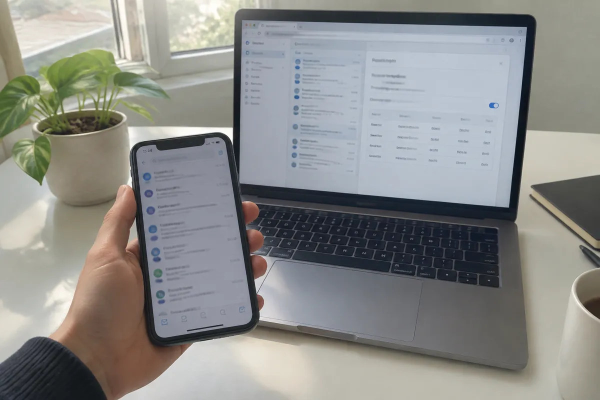a hand holding an iPhone up to a laptop on a bright desk, the laptop showing a webmail and email settings screen with a short list of mail s