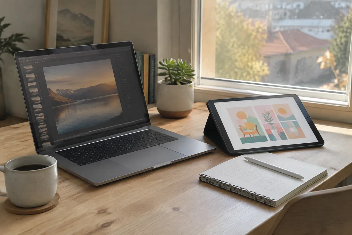 a bright home studio desk with a laptop, a tablet showing a colourful mockup and a small potted succulent, warm window light